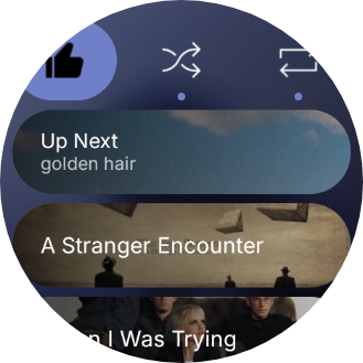 Quick panel: like/shuffle/repeat row over a blurred indigo cover