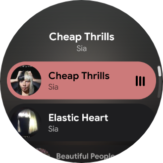 Svartifoss playback queue on the watch, Sia playing