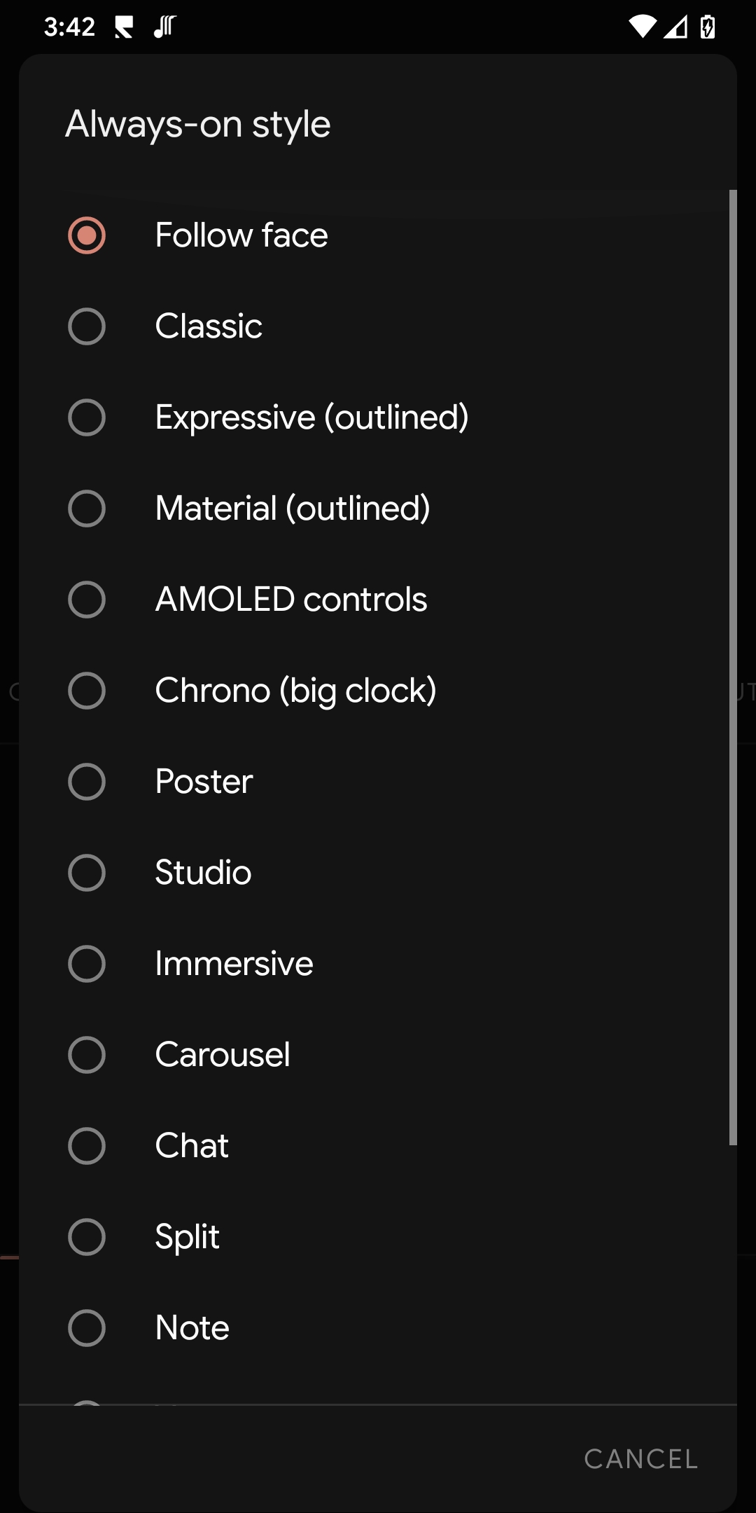 Always-on display style picker, one option per face