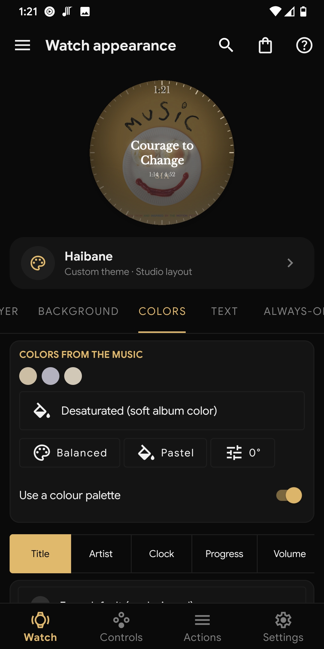Colors tab for a custom theme, album-derived swatches