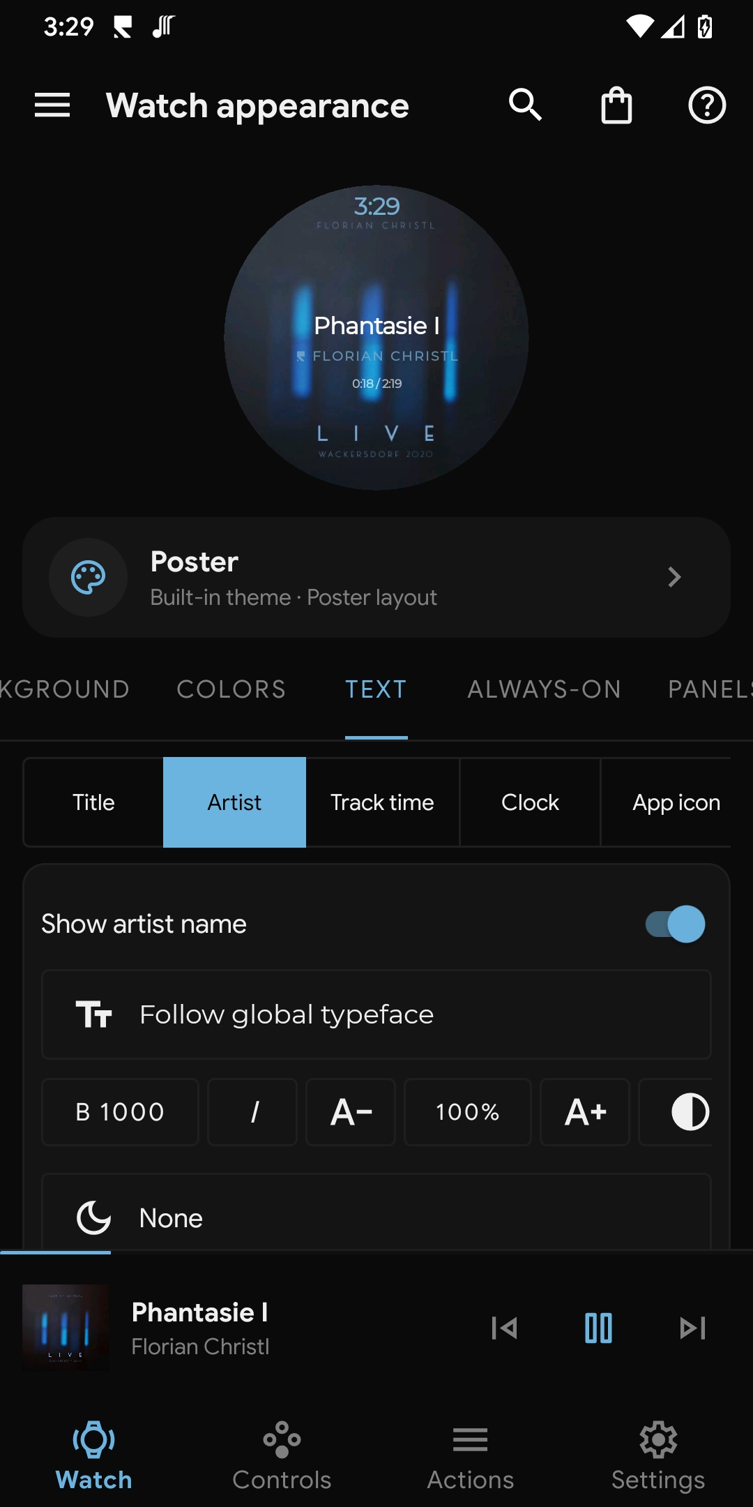 Artist text controls: weight, italic, size and shadow